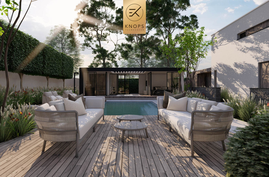 Totaalrenovatie vrijstaand villatuin overloopzwembad overnachting in eigen tuin boomhut jungletuin gym slaapplek patiotuin famillietuin tuinarchitect erik knops tuindesign