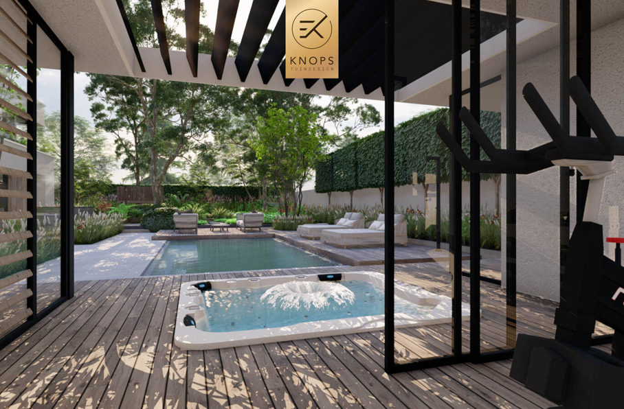 Totaalrenovatie vrijstaand villatuin overloopzwembad overnachting in eigen tuin boomhut jungletuin gym slaapplek patiotuin famillietuin tuinarchitect erik knops tuindesign