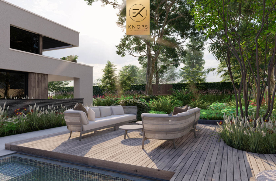 Totaalrenovatie vrijstaand villatuin overloopzwembad overnachting in eigen tuin boomhut jungletuin gym slaapplek patiotuin famillietuin tuinarchitect erik knops tuindesign