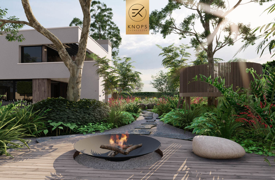 Totaalrenovatie vrijstaand villatuin overloopzwembad overnachting in eigen tuin boomhut jungletuin gym slaapplek patiotuin famillietuin tuinarchitect erik knops tuindesign