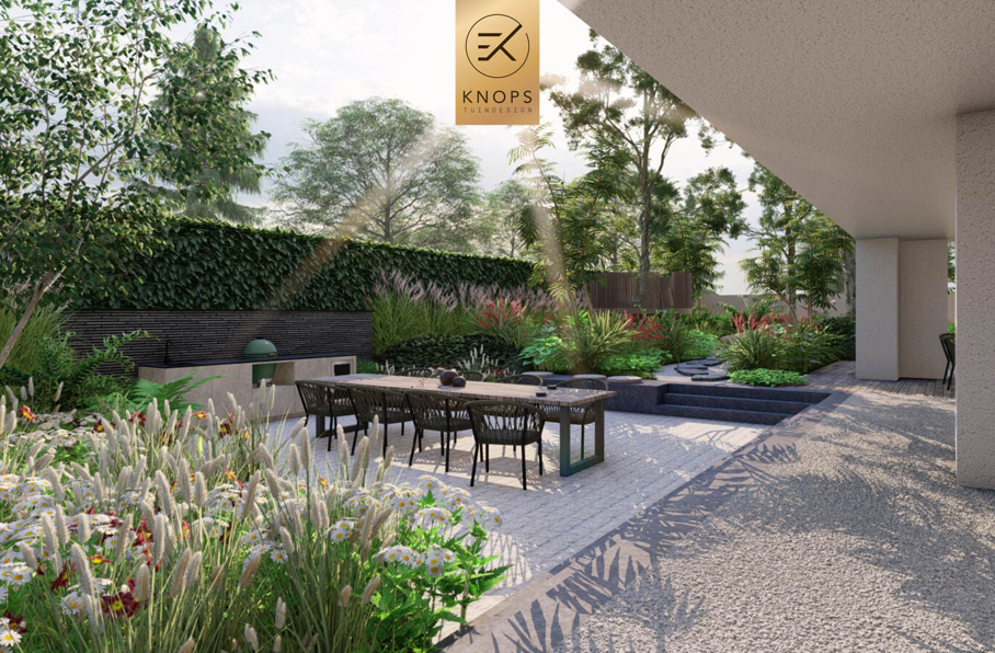 Totaalrenovatie vrijstaand villatuin overloopzwembad overnachting in eigen tuin boomhut jungletuin gym slaapplek patiotuin famillietuin tuinarchitect erik knops tuindesign
