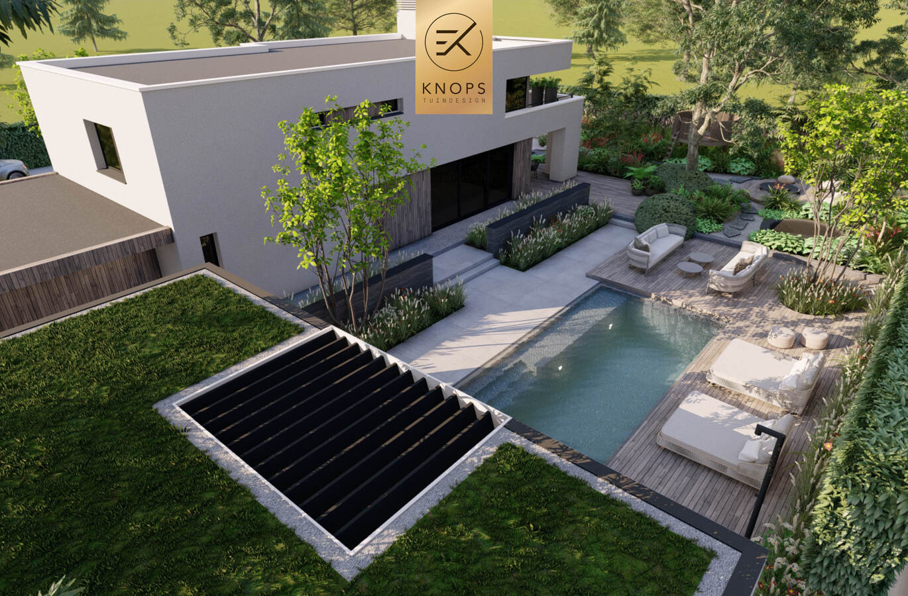 Totaalrenovatie vrijstaand villatuin overloopzwembad overnachting in eigen tuin boomhut jungletuin gym slaapplek patiotuin famillietuin tuinarchitect erik knops tuindesign