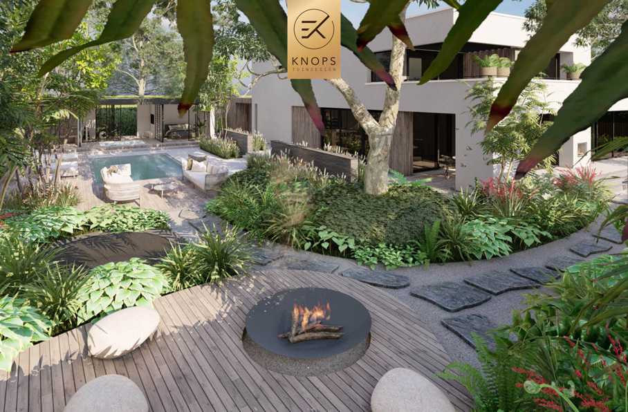 Totaalrenovatie vrijstaand villatuin overloopzwembad overnachting in eigen tuin boomhut jungletuin gym slaapplek patiotuin famillietuin tuinarchitect erik knops tuindesign