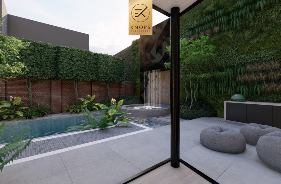 luxe stadstuin zwembad waterval jacuzzi wellnesstuin tuinontwerp exclusieve tuin in de de stad moderne tuin strak ontwerp