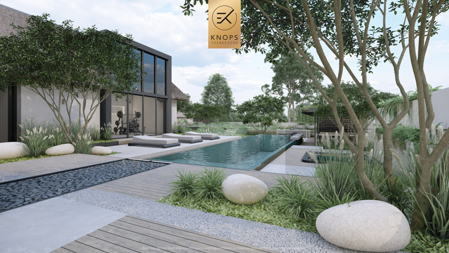 Modern tuinontwerp luxe tuin wellness garden ibiza garden garden design moderne Bali tuin bali garden exclusieve tuin met overloop zwembad modern boothuis wellness tuin