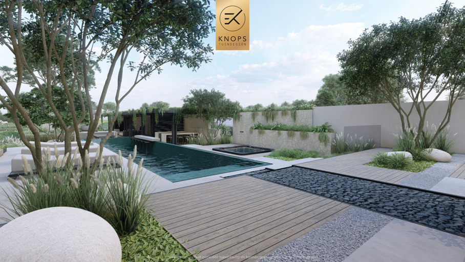 Modern tuinontwerp luxe tuin wellness garden ibiza garden garden design moderne Bali tuin bali garden exclusieve tuin met overloop zwembad modern boothuis wellness tuin