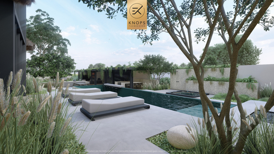 Modern tuinontwerp luxe tuin wellness garden ibiza garden garden design moderne Bali tuin bali garden exclusieve tuin met overloop zwembad modern boothuis wellness tuin