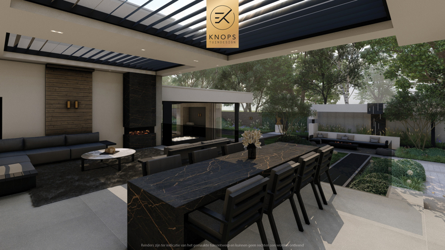 Luxe villatuin moderne tuin tuinarchitectuur architectuur exclusieve tuin binnenzwembad buitenkeuken bonsaibomen speels tuinontwerp