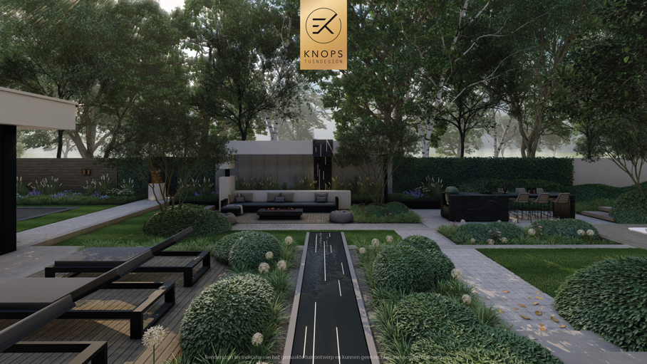 Luxe villatuin moderne tuin tuinarchitectuur architectuur exclusieve tuin binnenzwembad buitenkeuken bonsaibomen speels tuinontwerp