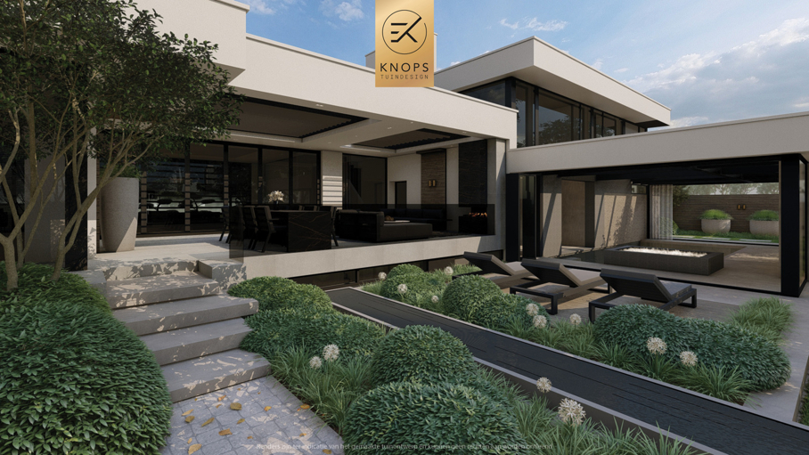 Luxe villatuin moderne tuin tuinarchitectuur architectuur exclusieve tuin binnenzwembad buitenkeuken bonsaibomen speels tuinontwerp