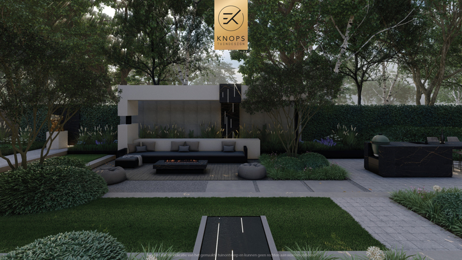 Luxe villatuin moderne tuin tuinarchitectuur architectuur exclusieve tuin binnenzwembad buitenkeuken bonsaibomen speels tuinontwerp