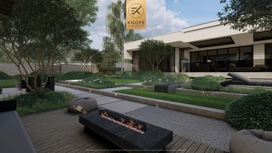 Luxe villatuin moderne tuin tuinarchitectuur architectuur exclusieve tuin binnenzwembad buitenkeuken bonsaibomen speels tuinontwerp
