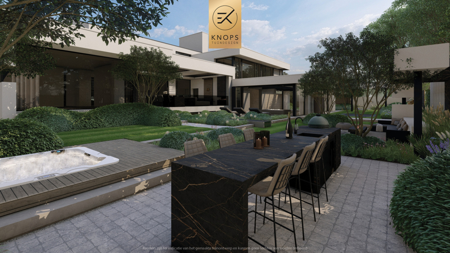 Luxe villatuin moderne tuin tuinarchitectuur architectuur exclusieve tuin binnenzwembad buitenkeuken bonsaibomen speels tuinontwerp