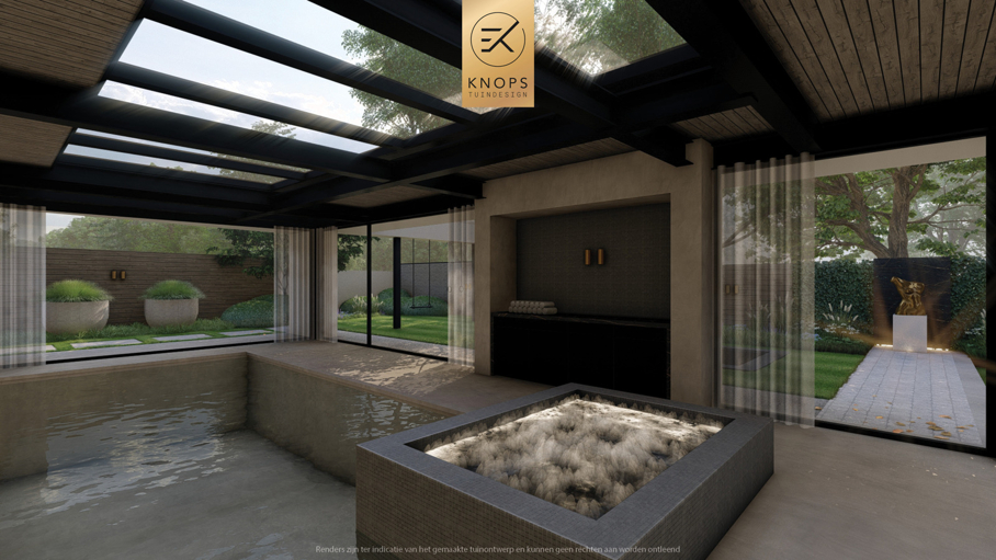 Luxe villatuin moderne tuin tuinarchitectuur architectuur exclusieve tuin binnenzwembad buitenkeuken bonsaibomen speels tuinontwerp