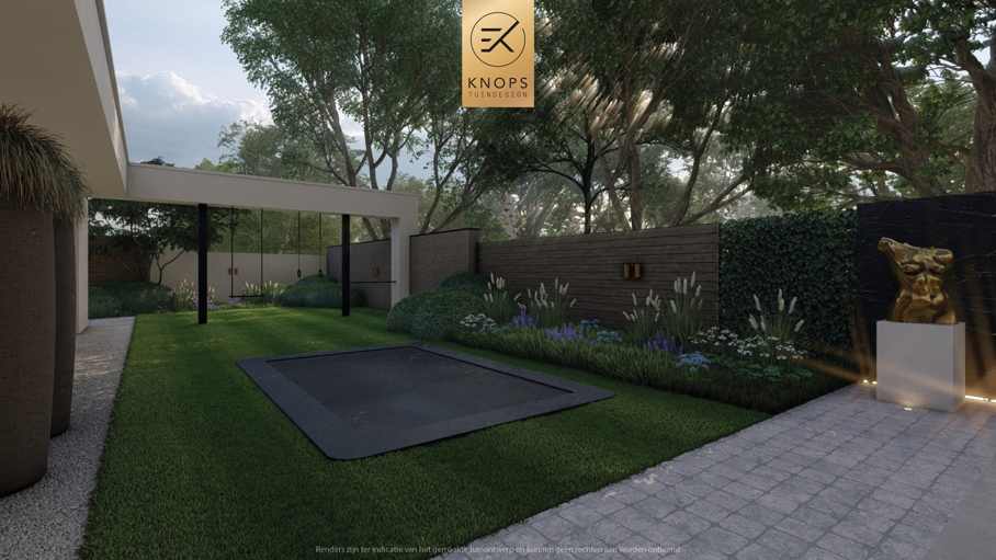 Luxe villatuin moderne tuin tuinarchitectuur architectuur exclusieve tuin binnenzwembad buitenkeuken bonsaibomen speels tuinontwerp
