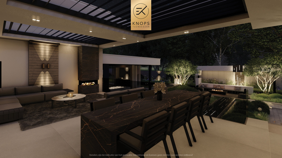 Luxe villatuin moderne tuin tuinarchitectuur architectuur exclusieve tuin binnenzwembad buitenkeuken bonsaibomen speels tuinontwerp