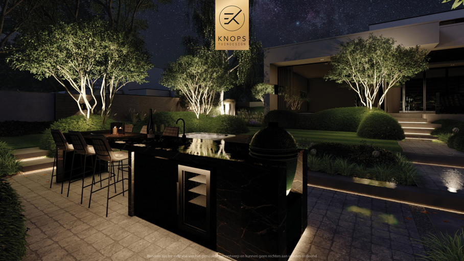 Luxe villatuin moderne tuin tuinarchitectuur architectuur exclusieve tuin binnenzwembad buitenkeuken bonsaibomen speels tuinontwerp