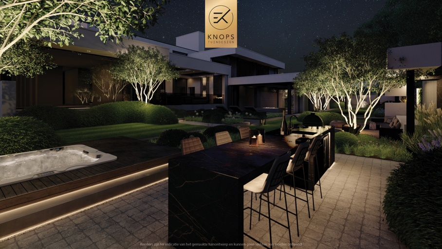 Luxe villatuin moderne tuin tuinarchitectuur architectuur exclusieve tuin binnenzwembad buitenkeuken bonsaibomen speels tuinontwerp