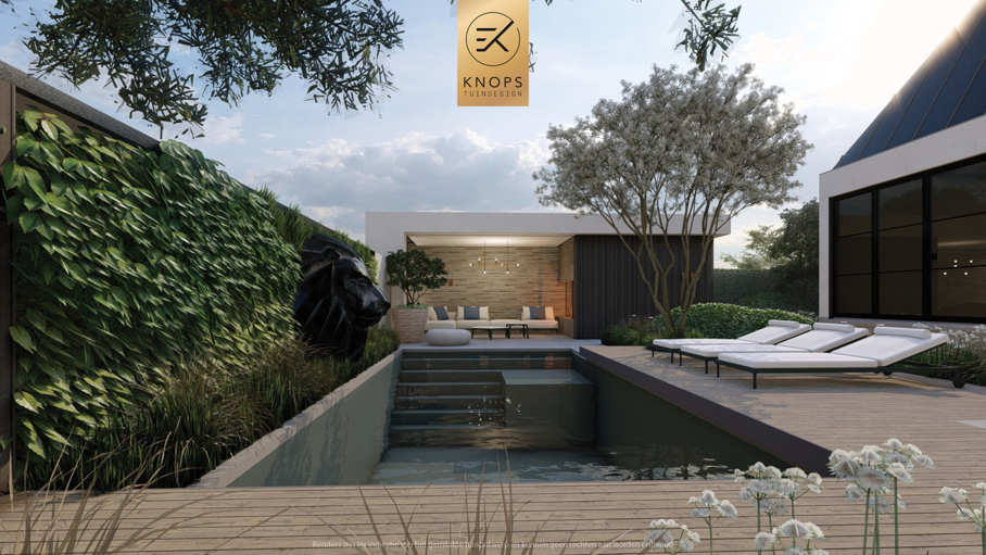 stoere villatuin moderne tuin strak tuinontwerp poolhouse buitenkeuken tuin met zwembad