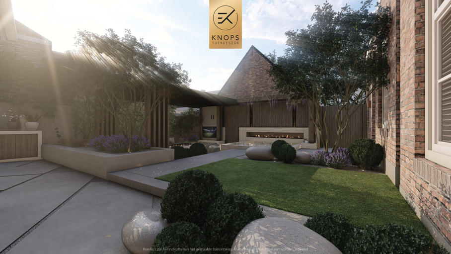 luxe stadstuin met overkapping italiaanse tuin mediterrane stadstuin exclusief tuinontwerp moderne overkapping buitenhaard met jacuzzi