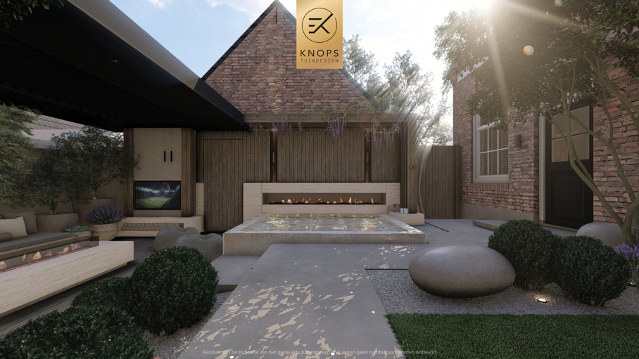 luxe stadstuin met overkapping italiaanse tuin mediterrane stadstuin exclusief tuinontwerp moderne overkapping buitenhaard met jacuzzi