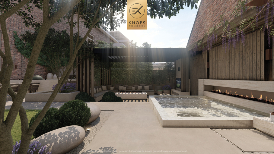 luxe stadstuin met overkapping italiaanse tuin mediterrane stadstuin exclusief tuinontwerp moderne overkapping buitenhaard met jacuzzi