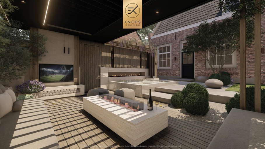 luxe stadstuin met overkapping italiaanse tuin mediterrane stadstuin exclusief tuinontwerp moderne overkapping buitenhaard met jacuzzi