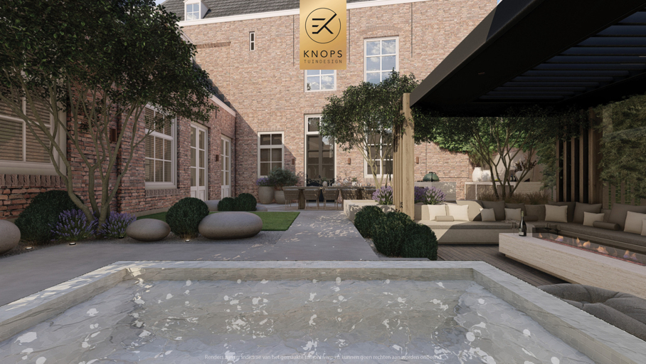 luxe stadstuin met overkapping italiaanse tuin mediterrane stadstuin exclusief tuinontwerp moderne overkapping buitenhaard met jacuzzi