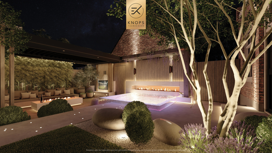 luxe stadstuin met overkapping italiaanse tuin mediterrane stadstuin exclusief tuinontwerp moderne overkapping buitenhaard met jacuzzi