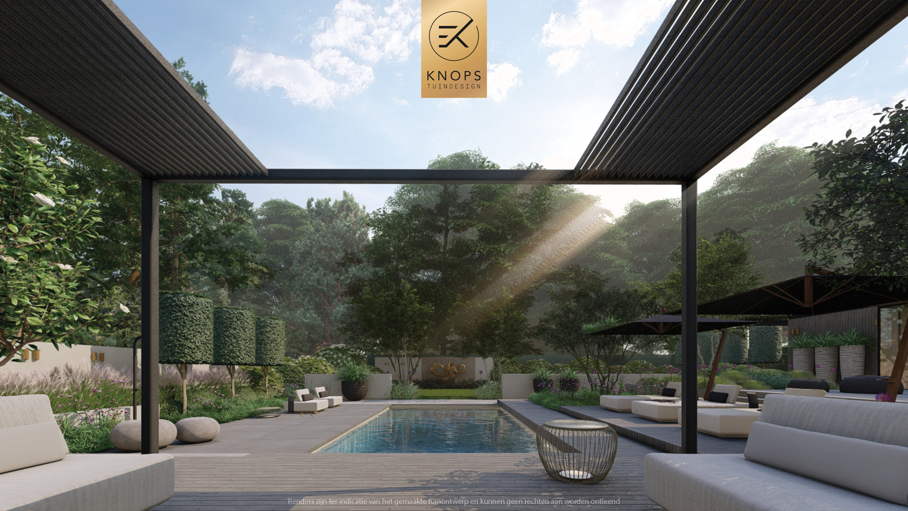 luxe familietuin exclusieve strakke tuin moderne achtertuin met zwembad poolhouse buitenverblijf met bar en buitenhaard jacuzzi wellness tuin exclusive garden design wellness garden swimmingpool luxury modern garden