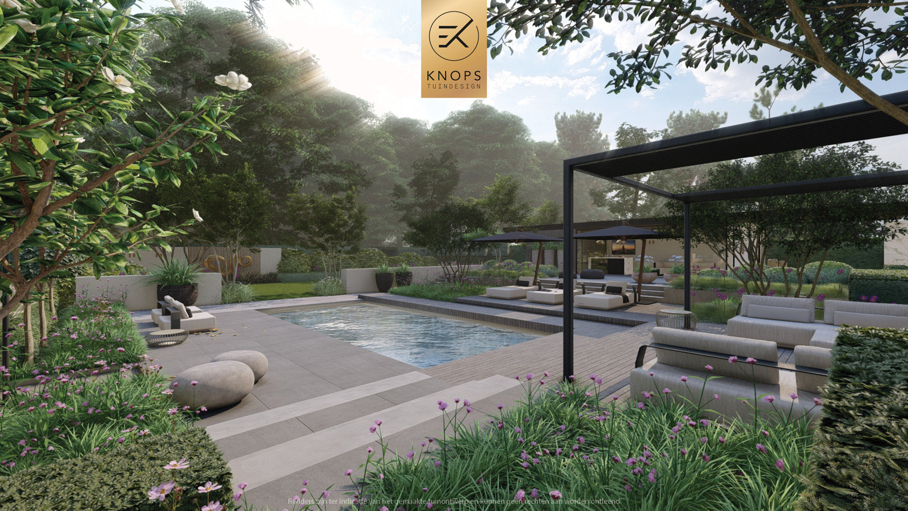luxe familietuin exclusieve strakke tuin moderne achtertuin met zwembad poolhouse buitenverblijf met bar en buitenhaard jacuzzi wellness tuin exclusive garden design wellness garden swimmingpool luxury modern garden
