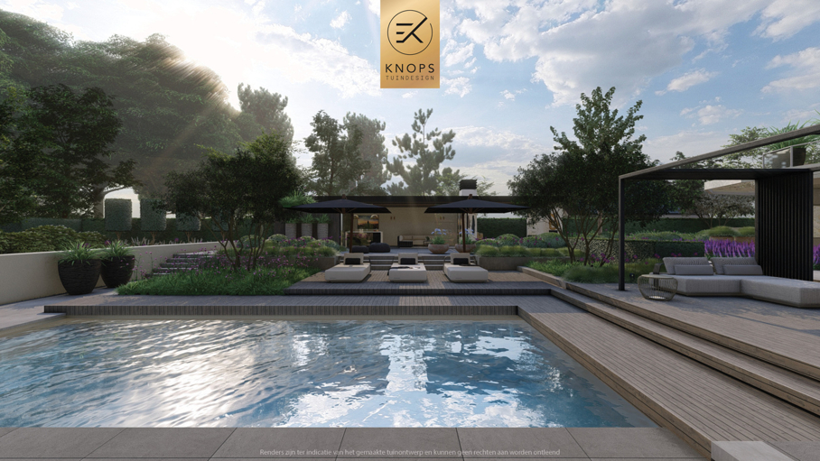luxe familietuin exclusieve strakke tuin moderne achtertuin met zwembad poolhouse buitenverblijf met bar en buitenhaard jacuzzi wellness tuin exclusive garden design wellness garden swimmingpool luxury modern garden