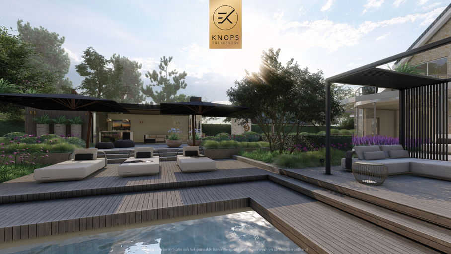 luxe familietuin exclusieve strakke tuin moderne achtertuin met zwembad poolhouse buitenverblijf met bar en buitenhaard jacuzzi wellness tuin exclusive garden design wellness garden swimmingpool luxury modern garden