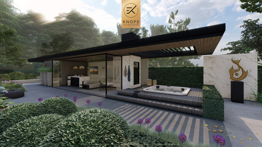 luxe familietuin exclusieve strakke tuin moderne achtertuin met zwembad poolhouse buitenverblijf met bar en buitenhaard jacuzzi wellness tuin exclusive garden design wellness garden swimmingpool luxury modern garden