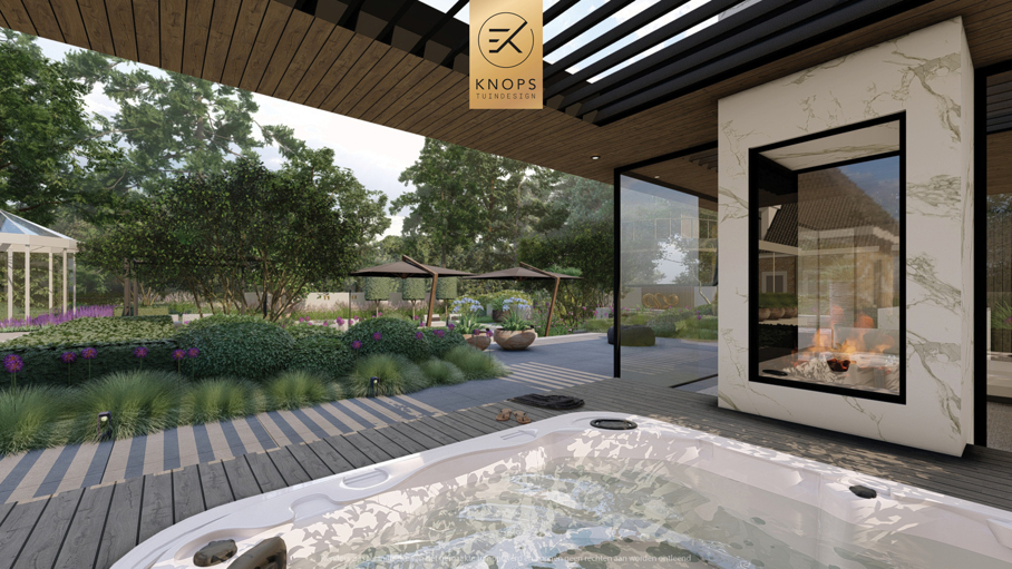 luxe familietuin exclusieve strakke tuin moderne achtertuin met zwembad poolhouse buitenverblijf met bar en buitenhaard jacuzzi wellness tuin exclusive garden design wellness garden swimmingpool luxury modern garden