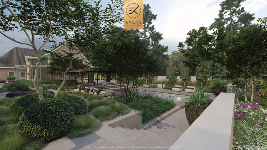 luxe familietuin exclusieve strakke tuin moderne achtertuin met zwembad poolhouse buitenverblijf met bar en buitenhaard jacuzzi wellness tuin exclusive garden design wellness garden swimmingpool luxury modern garden