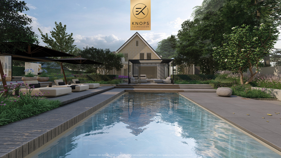 luxe familietuin exclusieve strakke tuin moderne achtertuin met zwembad poolhouse buitenverblijf met bar en buitenhaard jacuzzi wellness tuin exclusive garden design wellness garden swimmingpool luxury modern garden