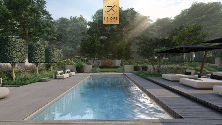 luxe familietuin exclusieve strakke tuin moderne achtertuin met zwembad poolhouse buitenverblijf met bar en buitenhaard jacuzzi wellness tuin exclusive garden design wellness garden swimmingpool luxury modern garden