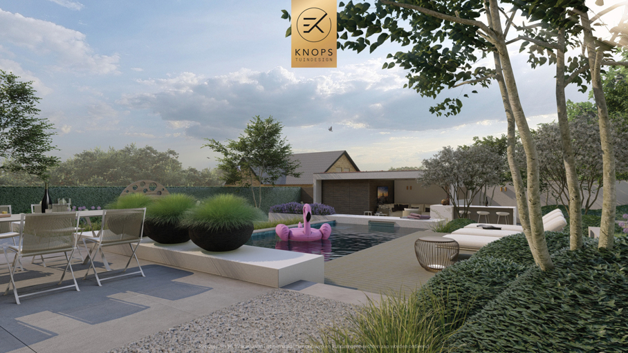 luxe tuinontwerp strakke tuin met zwembad overkapping met buitenkeuken hoogteverschillen jacuzzi wellness tuin moderne groene tuin exclusief tuinontwerp