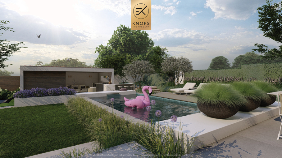 luxe tuinontwerp strakke tuin met zwembad overkapping met buitenkeuken hoogteverschillen jacuzzi wellness tuin moderne groene tuin exclusief tuinontwerp