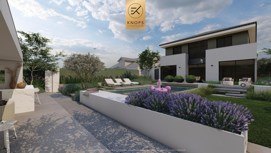 luxe tuinontwerp strakke tuin met zwembad overkapping met buitenkeuken hoogteverschillen jacuzzi wellness tuin moderne groene tuin exclusief tuinontwerp
