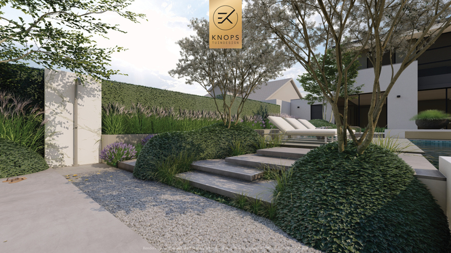 luxe tuinontwerp strakke tuin met zwembad overkapping met buitenkeuken hoogteverschillen jacuzzi wellness tuin moderne groene tuin exclusief tuinontwerp