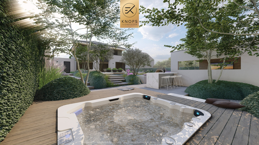 luxe tuinontwerp strakke tuin met zwembad overkapping met buitenkeuken hoogteverschillen jacuzzi wellness tuin moderne groene tuin exclusief tuinontwerp
