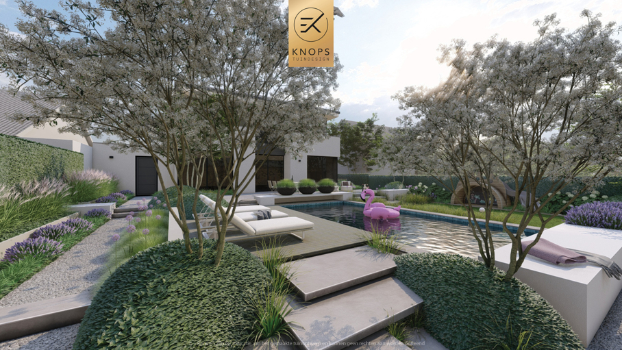 luxe tuinontwerp strakke tuin met zwembad overkapping met buitenkeuken hoogteverschillen jacuzzi wellness tuin moderne groene tuin exclusief tuinontwerp