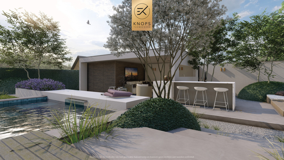 luxe tuinontwerp strakke tuin met zwembad overkapping met buitenkeuken hoogteverschillen jacuzzi wellness tuin moderne groene tuin exclusief tuinontwerp