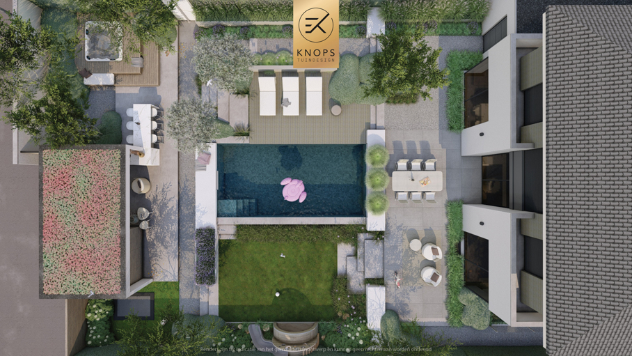 luxe tuinontwerp strakke tuin met zwembad overkapping met buitenkeuken hoogteverschillen jacuzzi wellness tuin moderne groene tuin exclusief tuinontwerp