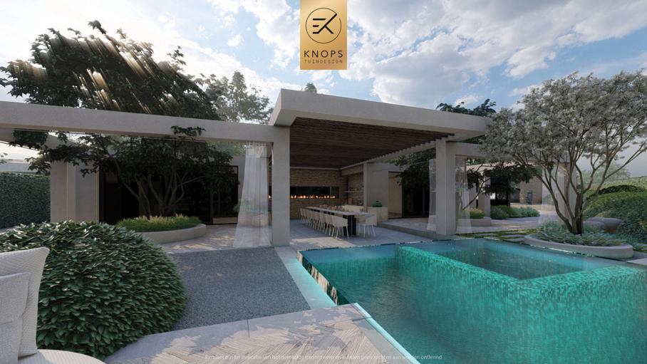resort garden design, moderne tuin met zwembad, poolhouse, buitenverblijf, luxe tuinontwerp, exclusieve tuin met zwembad, mediterrane tuinontwerp