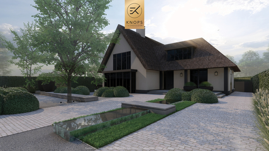 Moderne rustige tuin, kalm tuinontwerp, clean garden design, minimalistische tuin, luxe overkapping, poolhouse, strak tuinontwerp, exclusieve tuin