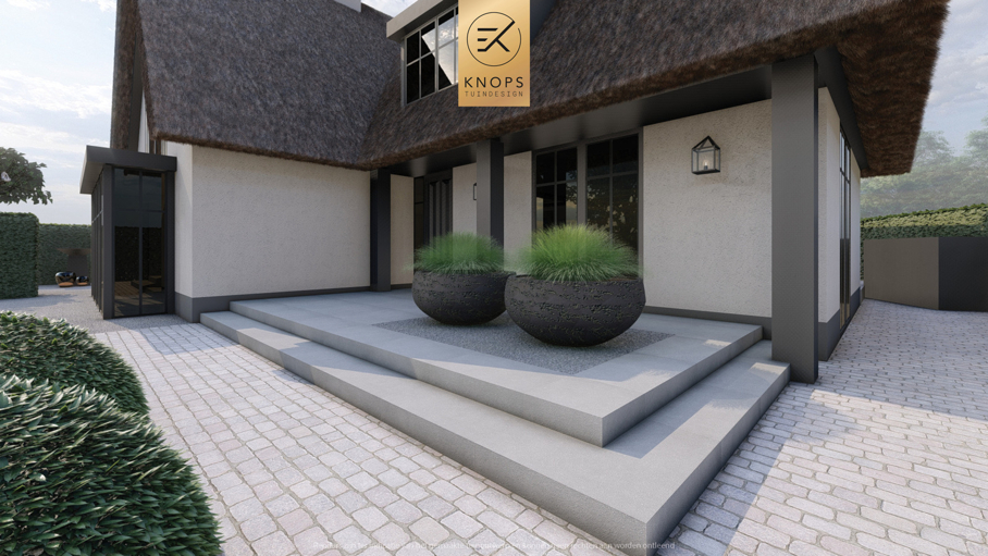 Moderne rustige tuin, kalm tuinontwerp, clean garden design, minimalistische tuin, luxe overkapping, poolhouse, strak tuinontwerp, exclusieve tuin