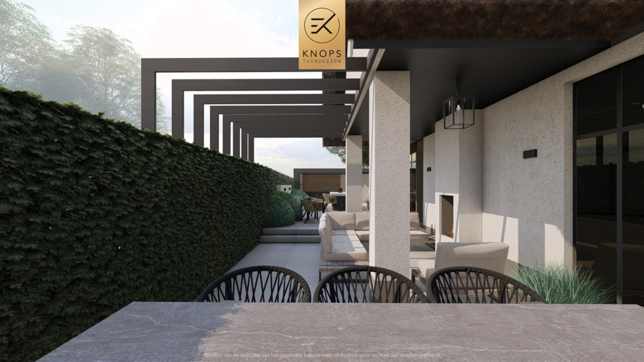 Moderne rustige tuin, kalm tuinontwerp, clean garden design, minimalistische tuin, luxe overkapping, poolhouse, strak tuinontwerp, exclusieve tuin